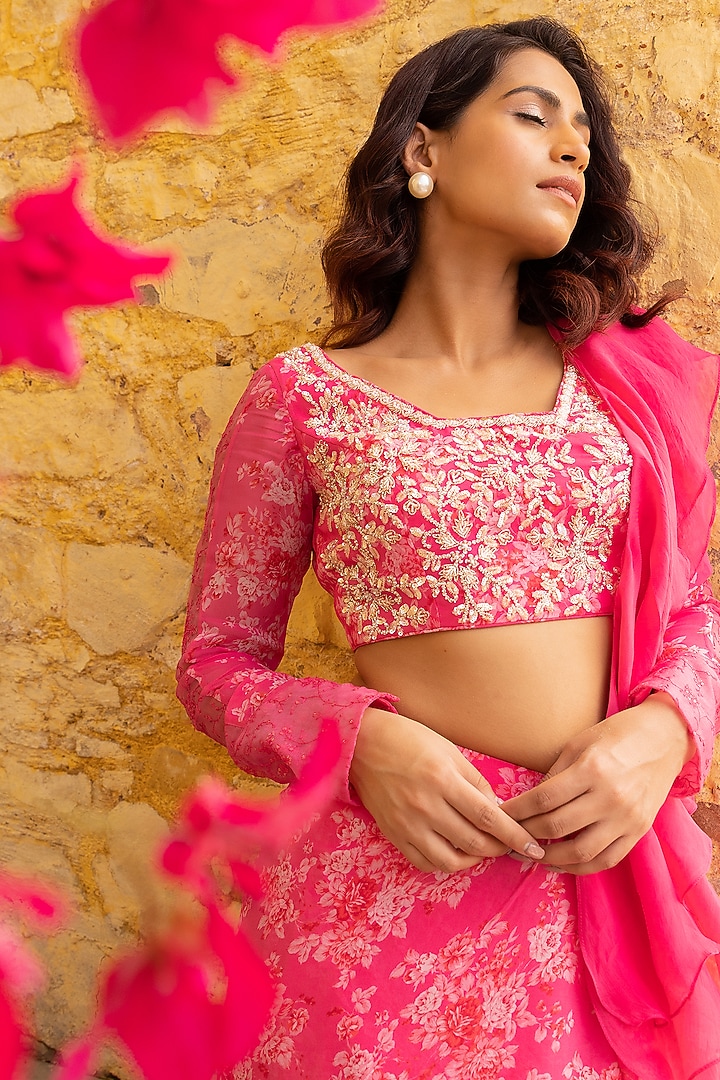 Pink Georgette Pre-Draped Skirt Wedding Saree Set by Suruchi Parakh at Pernia's Pop Up Shop