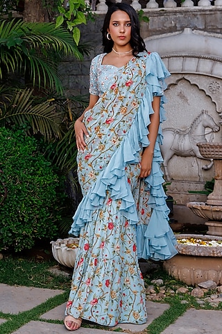 Light Blue Georgette & Soft Organza Pre-Draped Saree Set by Suruchi Parakh