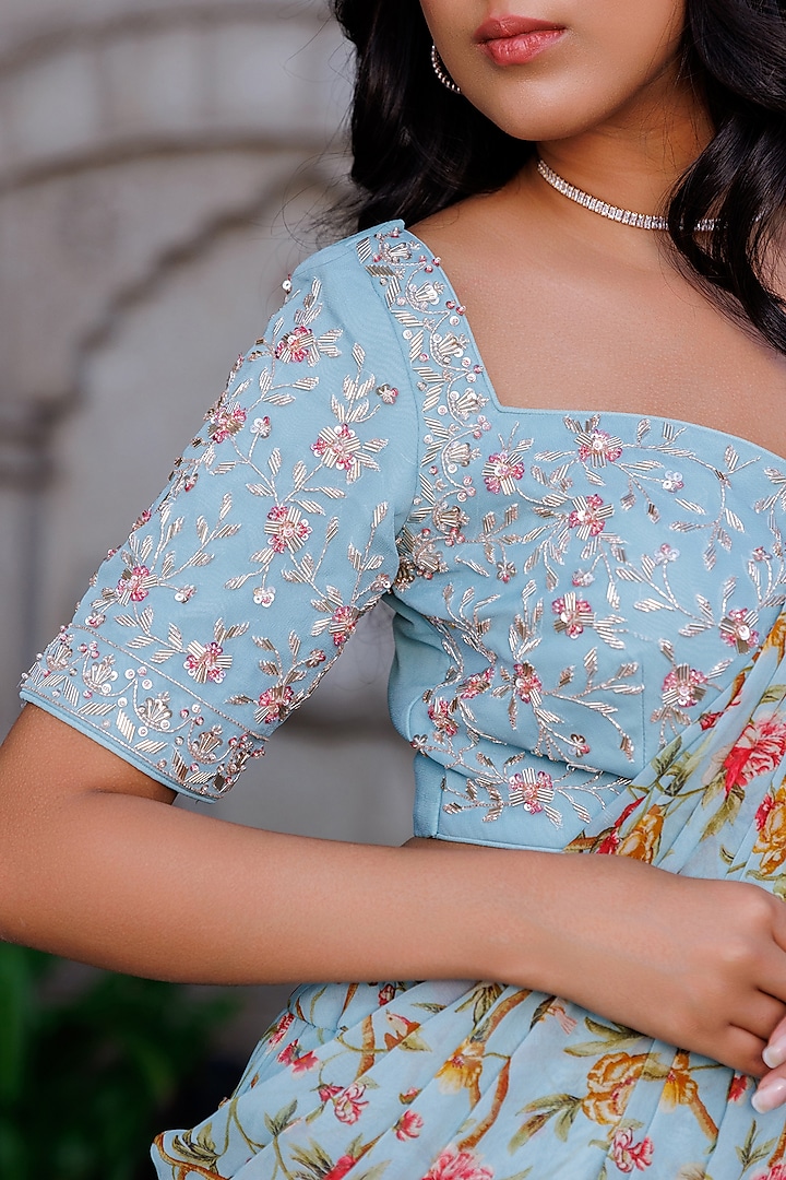 Light Blue Georgette & Soft Organza Pre-Draped Wedding Saree Set by Suruchi Parakh at Pernia's Pop Up Shop