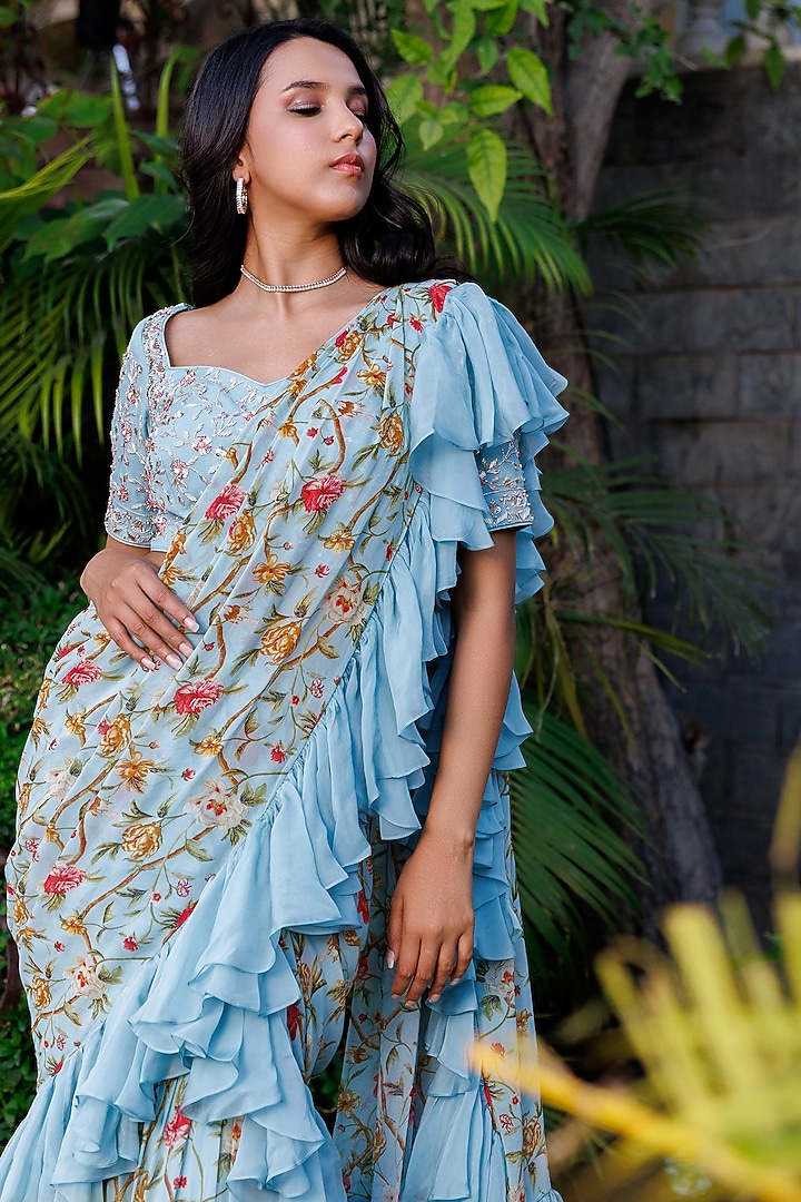 Light Blue Georgette & Soft Organza Pre-Draped Wedding Saree Set by Suruchi Parakh at Pernia's Pop Up Shop