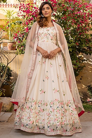 Off-White Georgette Crepe Printed & Embroidered Anarkali Set by Suruchi Parakh