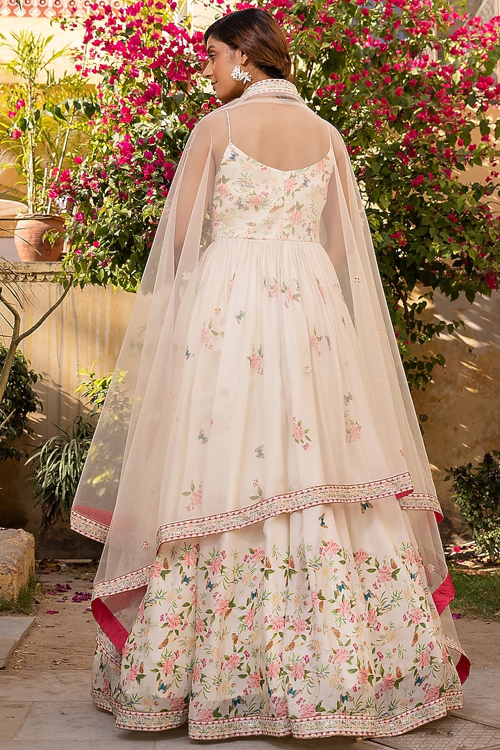 Off-White Georgette Crepe Printed & Embroidered Party Wear Anarkali Set by Suruchi Parakh at Pernia's Pop Up Shop