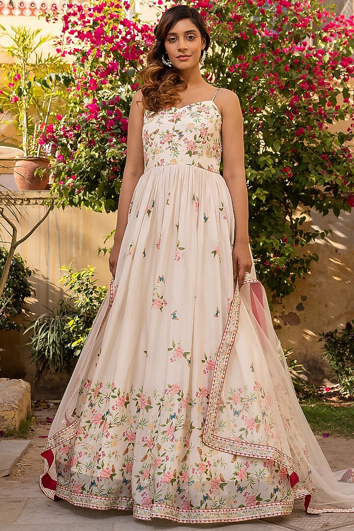 Off-White Georgette Crepe Printed & Embroidered Party Wear Anarkali Set by Suruchi Parakh at Pernia's Pop Up Shop