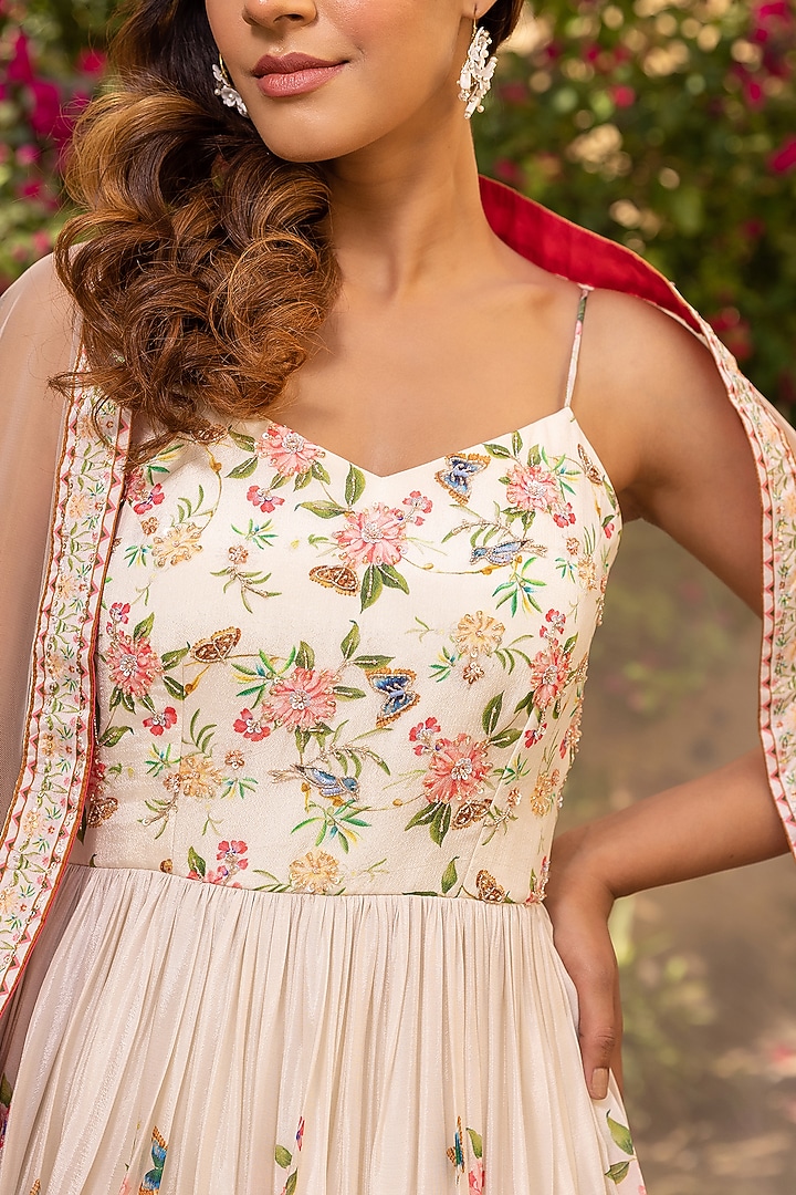 Off-White Georgette Crepe Printed & Embroidered Party Wear Anarkali Set by Suruchi Parakh at Pernia's Pop Up Shop