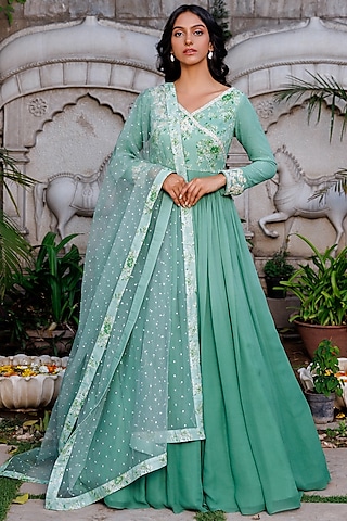 Green Georgette Hand Embroidered Anarkali Set by Suruchi Parakh