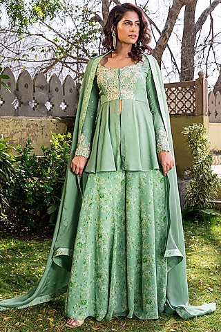 Green Georgette & Net Embroidered Sharara Set  by Suruchi Parakh