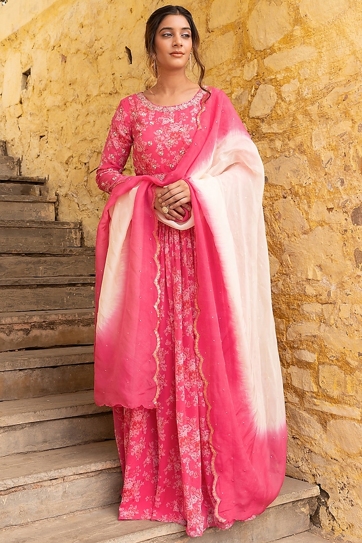 Fuchsia Pink Georgette Hand Embroidered Anarkali Set by Suruchi Parakh at Pernia's Pop Up Shop