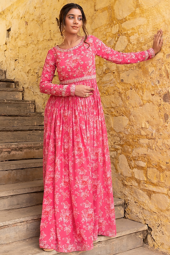 Fuchsia Pink Georgette Hand Embroidered Party Wear Anarkali Set by Suruchi Parakh at Pernia's Pop Up Shop