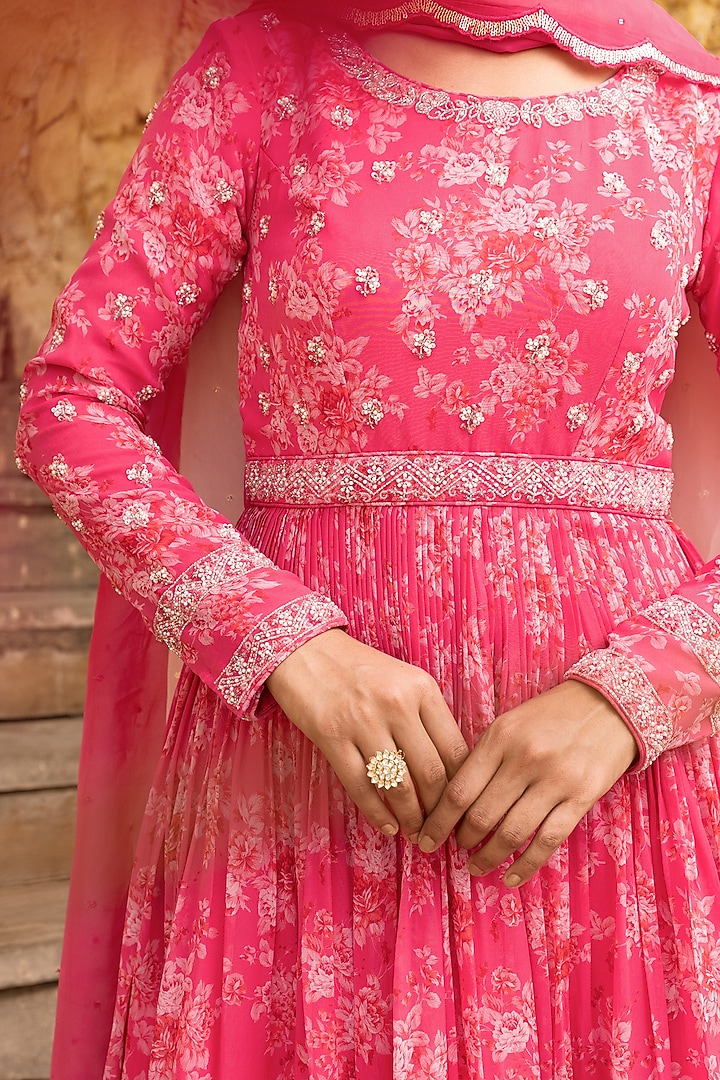 Fuchsia Pink Georgette Hand Embroidered Party Wear Anarkali Set by Suruchi Parakh at Pernia's Pop Up Shop