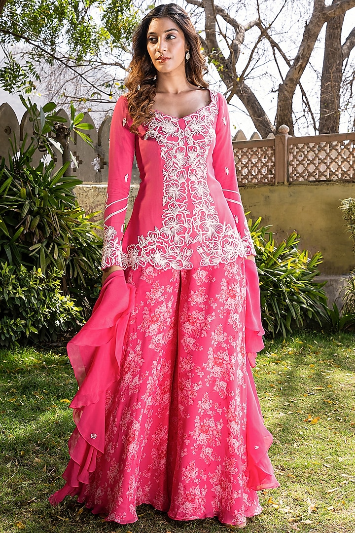 Pink Georgette Embroidered Sharara Set by Suruchi Parakh