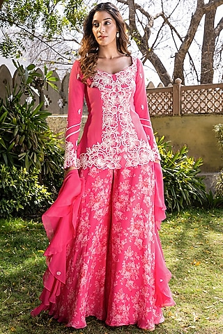 Pink Georgette Embroidered Sharara Set by Suruchi Parakh