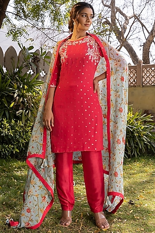 Coral Georgette & Tussar Handcrafted Kurta Set by Suruchi Parakh