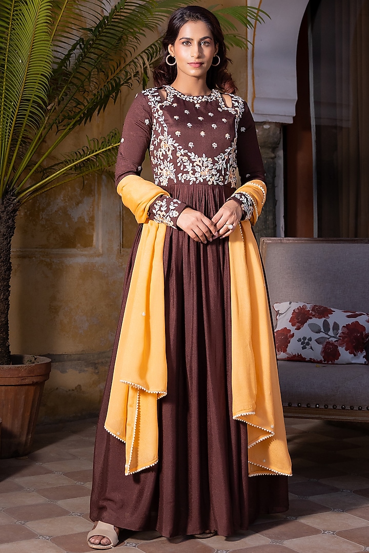 Brown Georgette Crepe Embroidered Anarkali Set by Suruchi Parakh