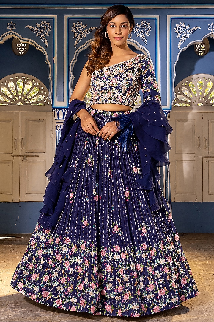 Navy Blue Georgette Crepe Hand Embroidered Wedding Lehenga Set by Suruchi Parakh at Pernia's Pop Up Shop