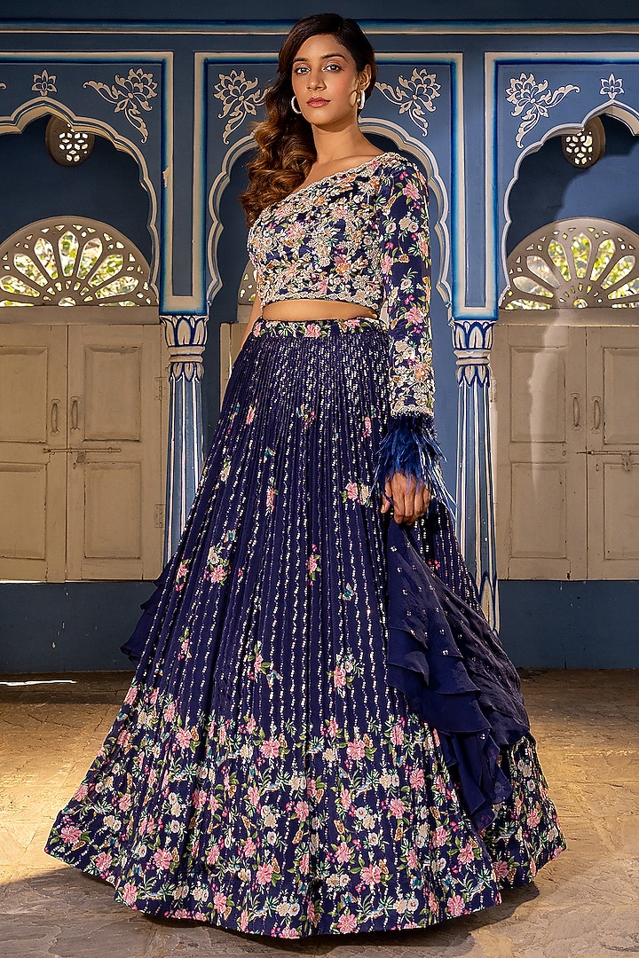 Navy Blue Georgette Crepe Hand Embroidered Wedding Lehenga Set by Suruchi Parakh at Pernia's Pop Up Shop