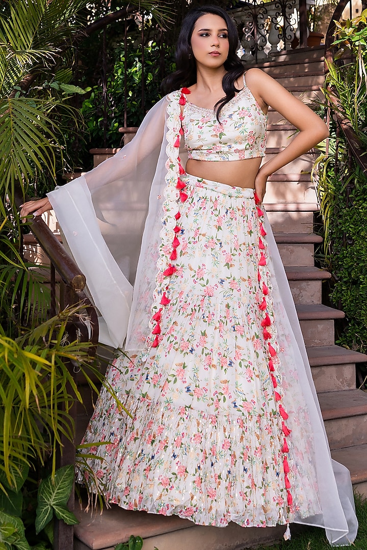 Off-White Georgette Crepe Embroidered Tiered Lehenga Set by Suruchi Parakh