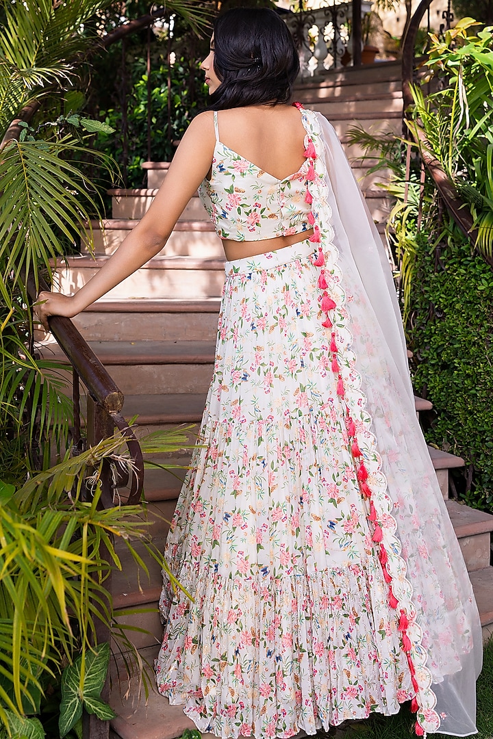 Off-White Georgette Crepe Embroidered Tiered Wedding Lehenga Set by Suruchi Parakh at Pernia's Pop Up Shop