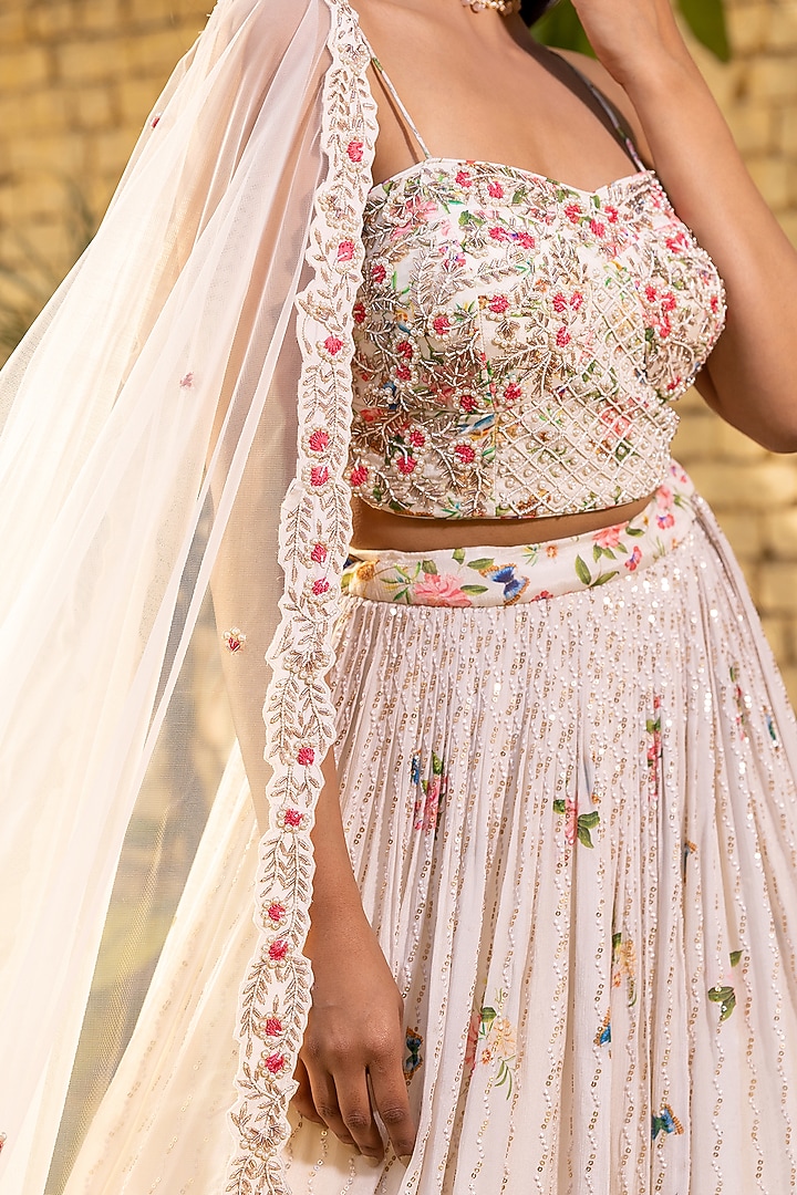 Off-White Georgette Crepe Embroidered Wedding Lehenga Set by Suruchi Parakh at Pernia's Pop Up Shop