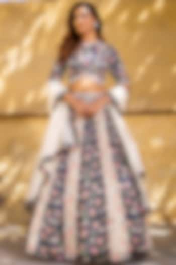 Navy Blue & Off-White Georgette Crepe Embroidered Wedding Lehenga Set by Suruchi Parakh at Pernia's Pop Up Shop