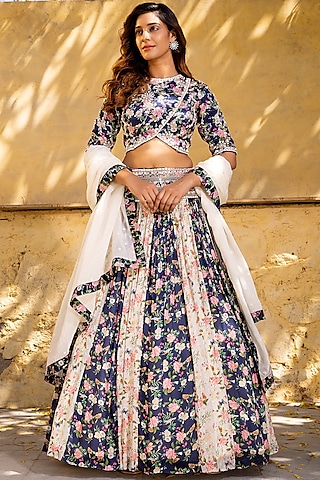 Navy Blue & Off-White Georgette Crepe Embroidered Lehenga Set by Suruchi Parakh