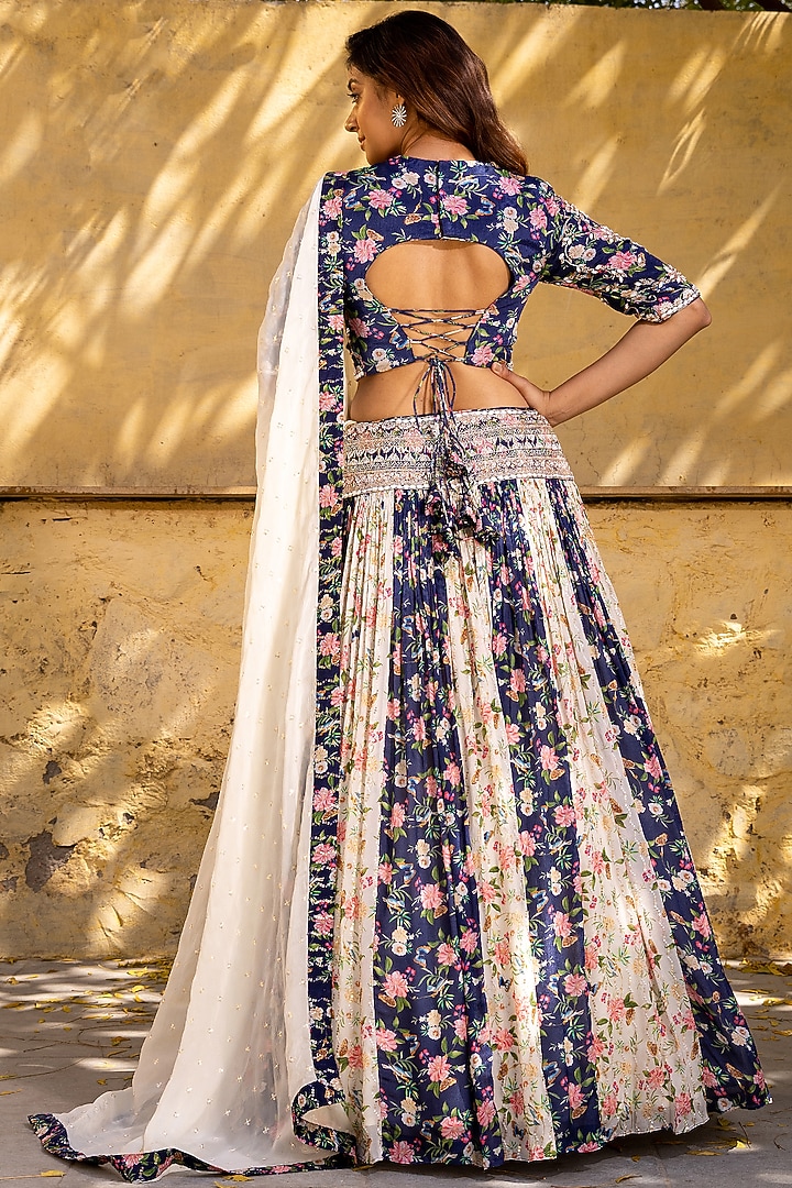 Navy Blue & Off-White Georgette Crepe Embroidered Wedding Lehenga Set by Suruchi Parakh at Pernia's Pop Up Shop