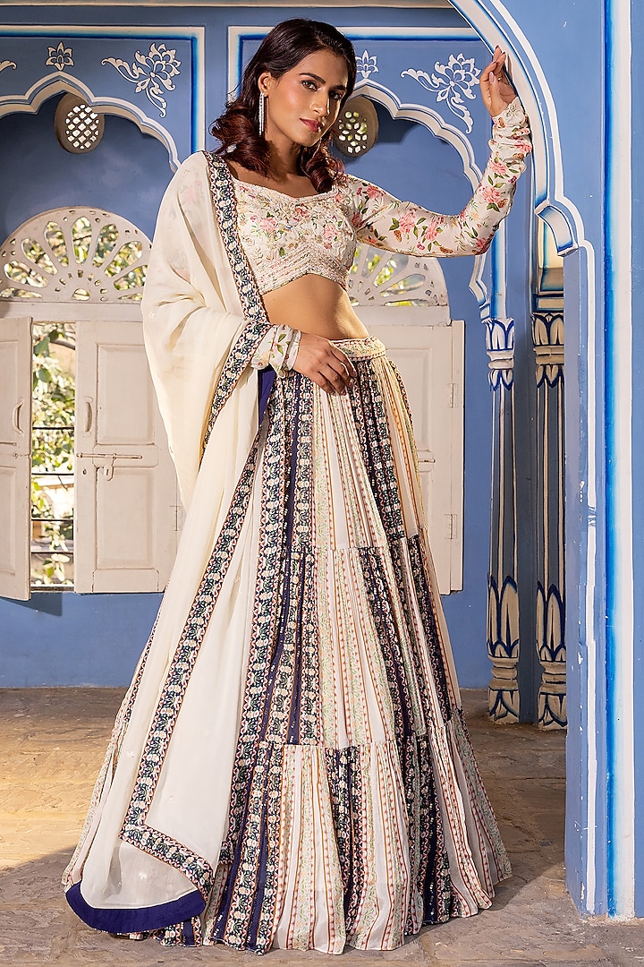 Off-White & Navy Blue Georgette Crepe Embroidered Lehenga Set by Suruchi Parakh