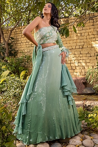 Green Georgette Crepe Embellished Lehenga Set by Suruchi Parakh