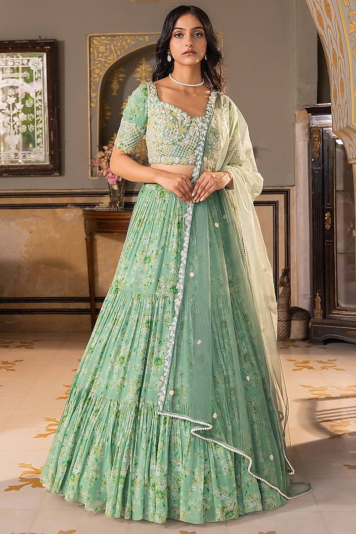 Green Georgette Crepe Embroidered Lehenga Set by Suruchi Parakh