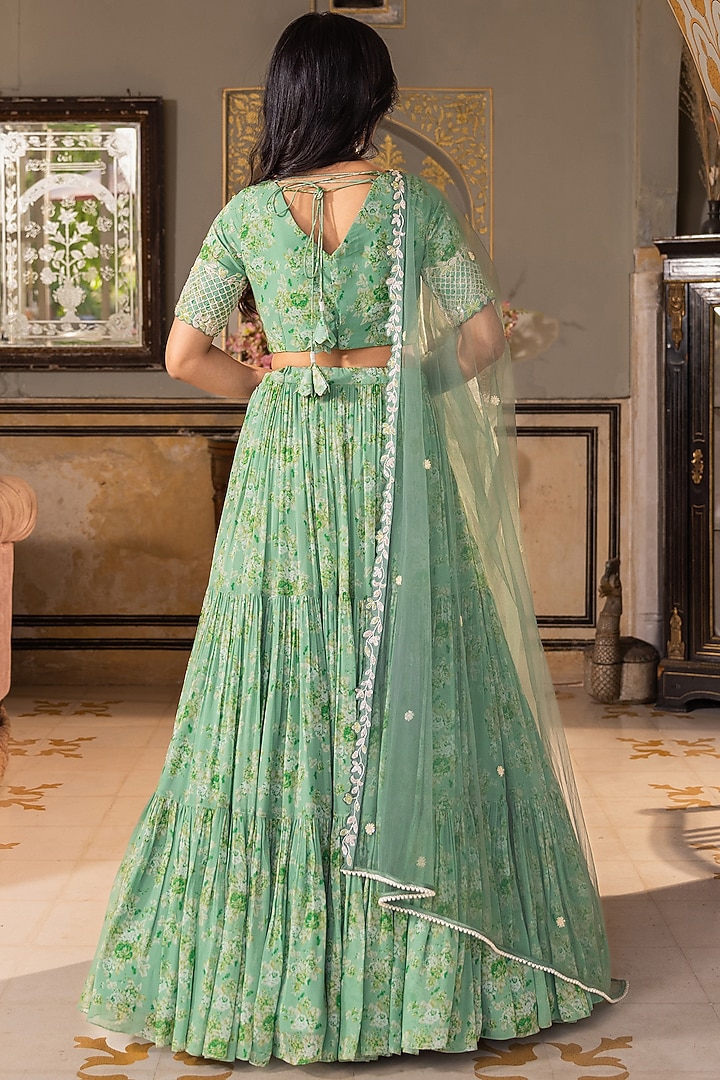 Green Georgette Crepe Embroidered Wedding Lehenga Set by Suruchi Parakh at Pernia's Pop Up Shop