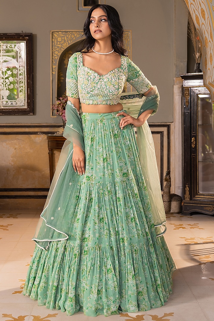 Green Georgette Crepe Embroidered Wedding Lehenga Set by Suruchi Parakh at Pernia's Pop Up Shop