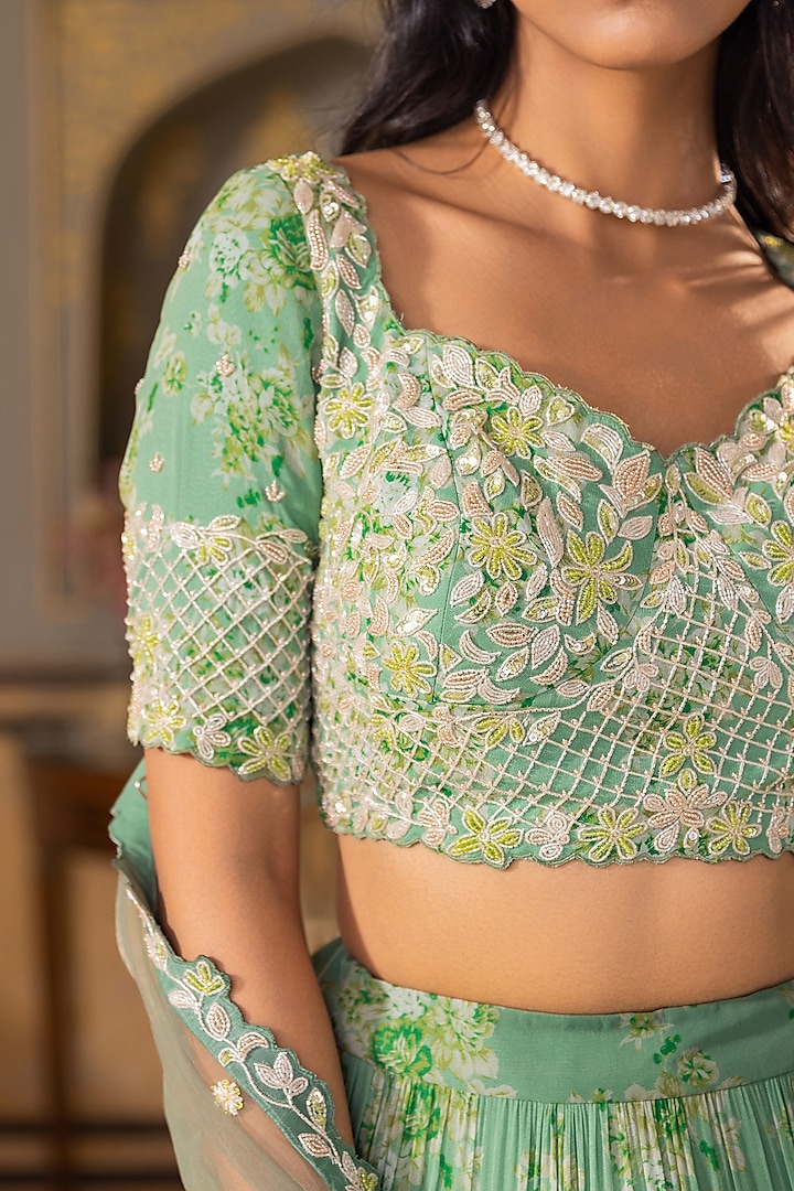 Green Georgette Crepe Embroidered Wedding Lehenga Set by Suruchi Parakh at Pernia's Pop Up Shop