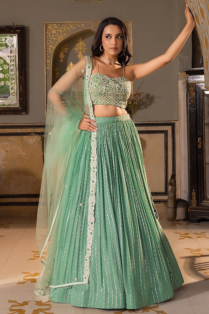 Green Georgette Crepe Embroidered Lehenga Set by Suruchi Parakh
