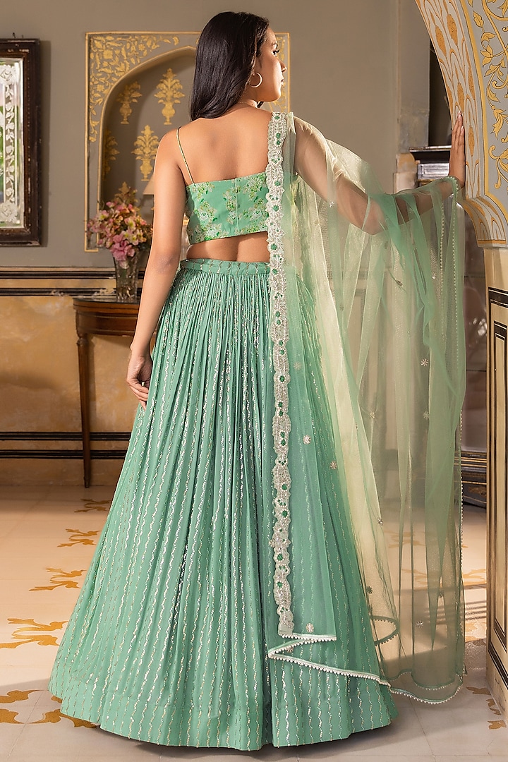 Green Georgette Crepe Embroidered Wedding Lehenga Set by Suruchi Parakh at Pernia's Pop Up Shop