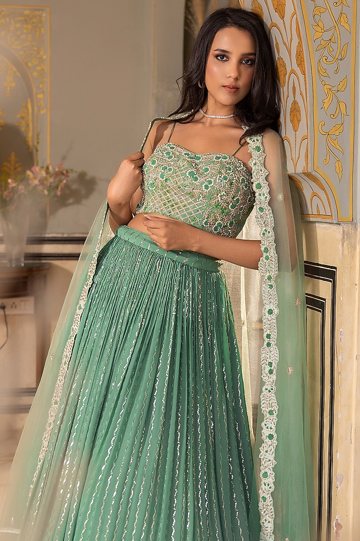 Green Georgette Crepe Embroidered Wedding Lehenga Set by Suruchi Parakh at Pernia's Pop Up Shop