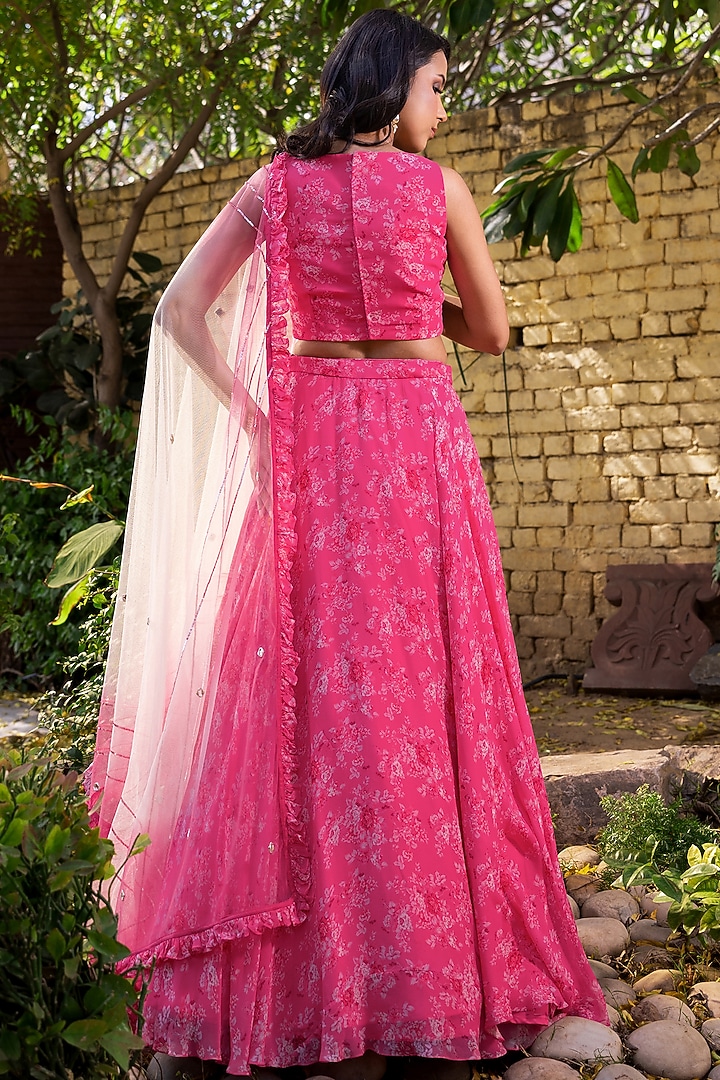 Pink Georgette & Net Printed Wedding Lehenga Set by Suruchi Parakh at Pernia's Pop Up Shop