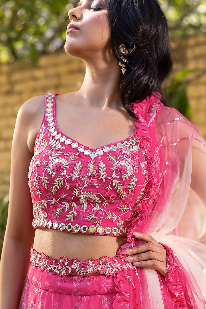 Pink Georgette & Net Printed Wedding Lehenga Set by Suruchi Parakh at Pernia's Pop Up Shop