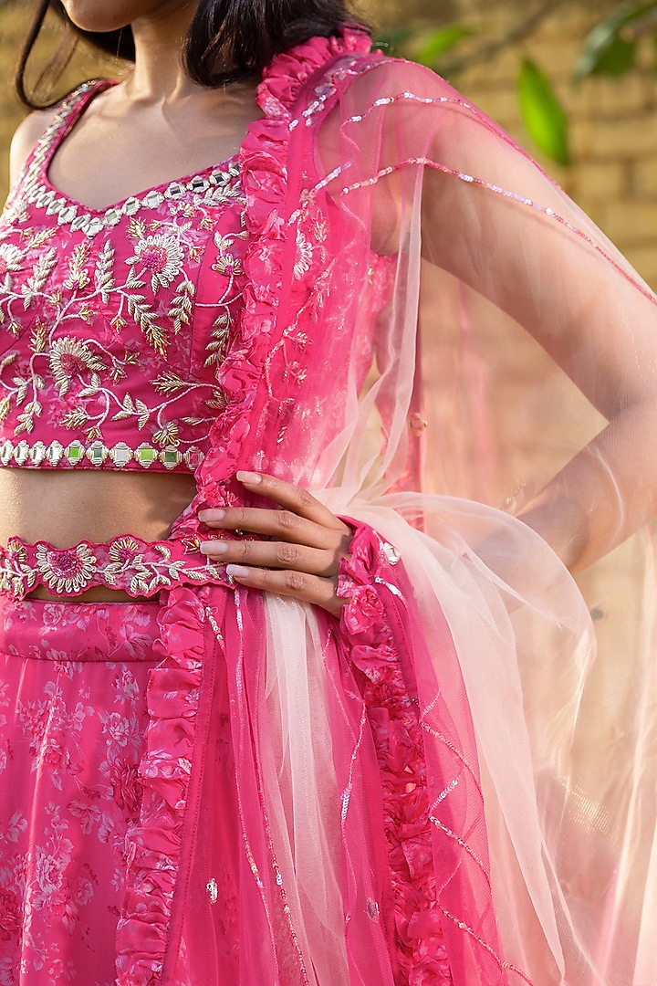 Pink Georgette & Net Printed Wedding Lehenga Set by Suruchi Parakh at Pernia's Pop Up Shop