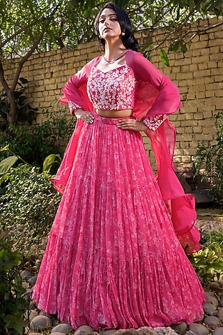 Pink Georgette & Net Lehenga Set by Suruchi Parakh