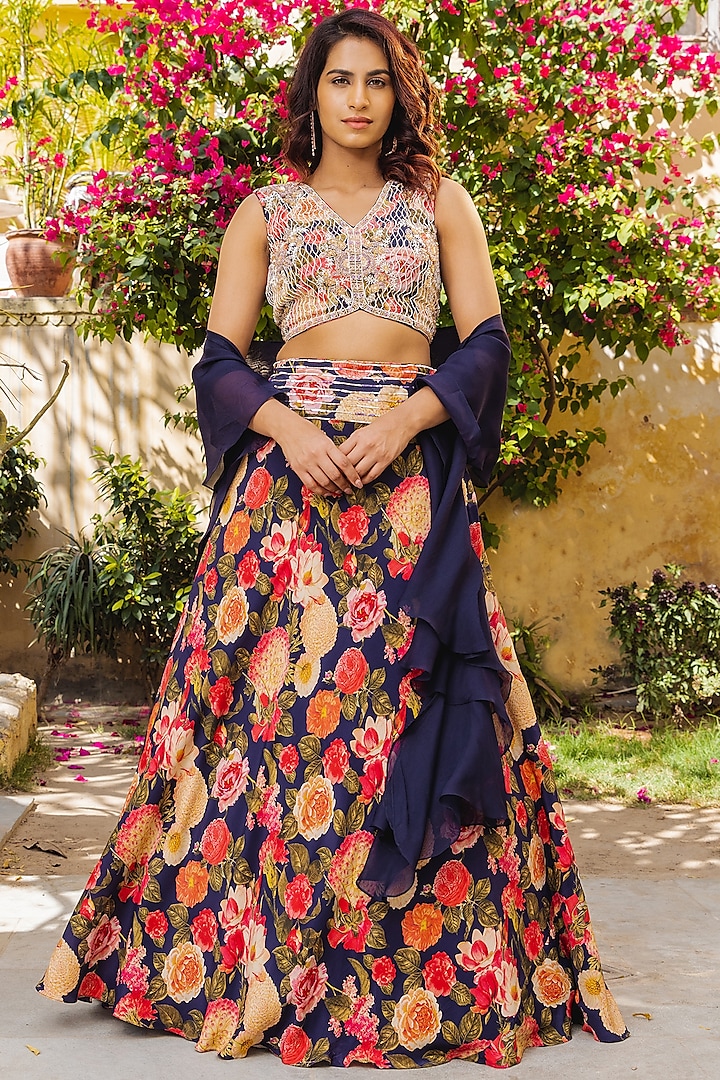 Purple Georgette Floral Wedding Lehenga Set by Suruchi Parakh at Pernia's Pop Up Shop