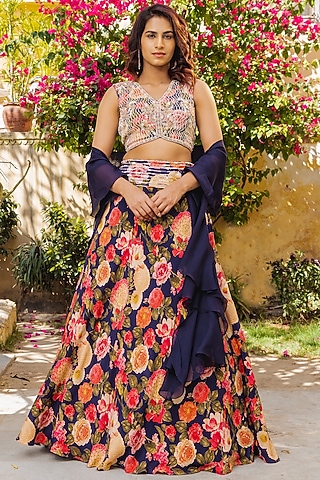 Purple Georgette Floral Lehenga Set by Suruchi Parakh