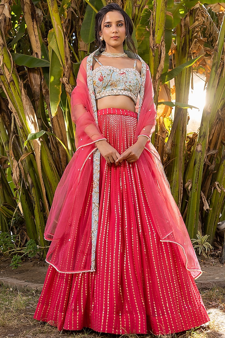 Coral Georgette & Net Embroidered Lehenga Set by Suruchi Parakh
