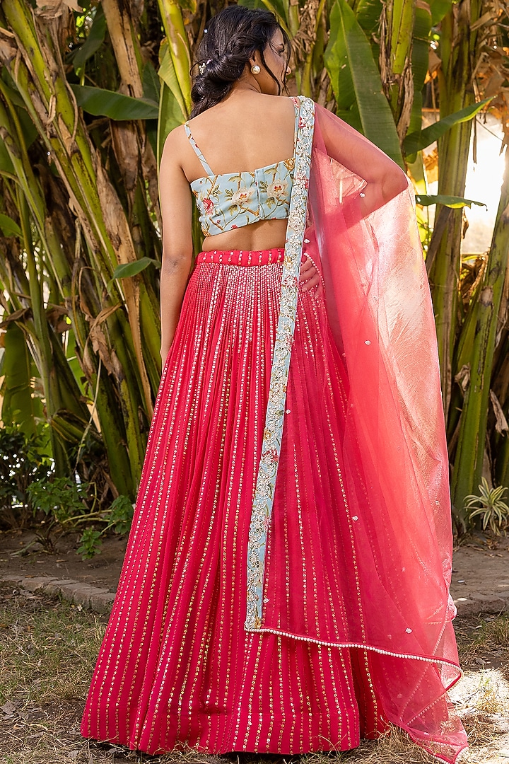 Coral Georgette & Net Embroidered Wedding Lehenga Set by Suruchi Parakh at Pernia's Pop Up Shop