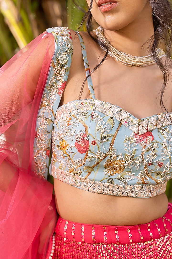 Coral Georgette & Net Embroidered Wedding Lehenga Set by Suruchi Parakh at Pernia's Pop Up Shop