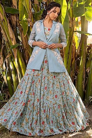 Light Blue Georgette Printed Lehenga Set by Suruchi Parakh