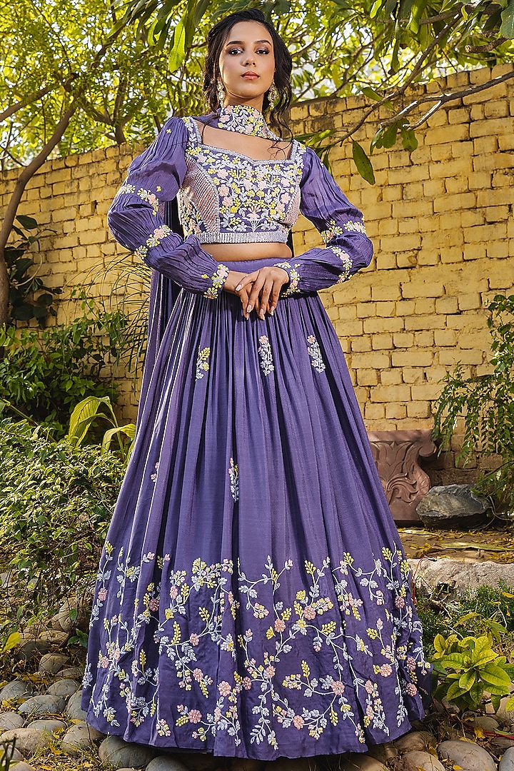 Lavender Crepe Embroidered Wedding Lehenga Set by Suruchi Parakh at Pernia's Pop Up Shop