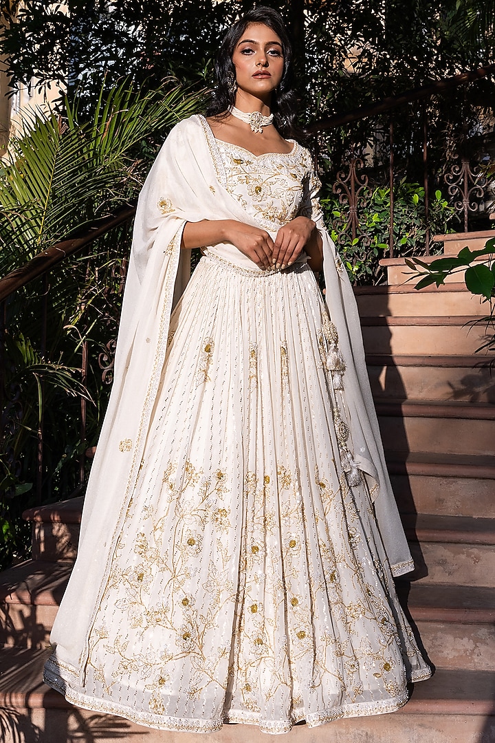 Off-White Georgette Crepe Embroidered Lehenga Set by Suruchi Parakh