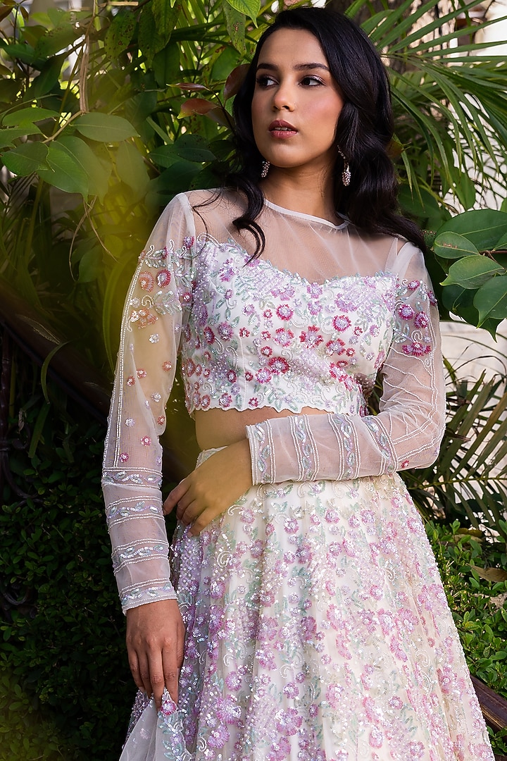 Off-White Net Embroidered Bridal Lehenga Set by Suruchi Parakh at Pernia's Pop Up Shop