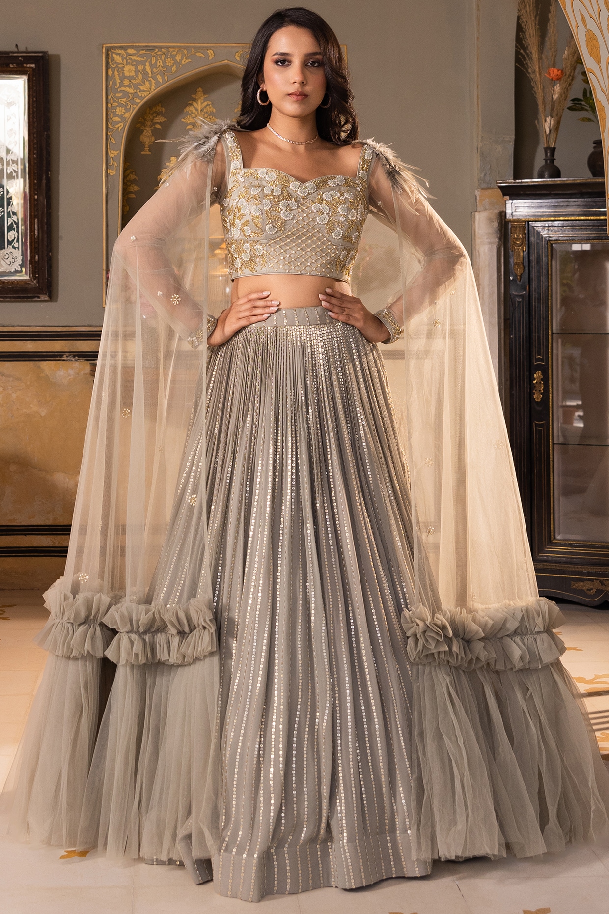 Buy Grey Net Embroidered A Line Lehenga Wedding Wear Online at Best Price |  Cbazaar