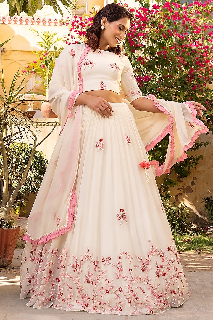 Off-White Georgette Embroidered Lehenga Set by Suruchi Parakh