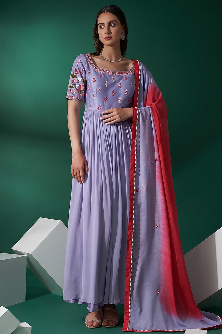 Lilac Embroidered Party Wear Anarkali Set by Suruchi Parakh at Pernia's Pop Up Shop